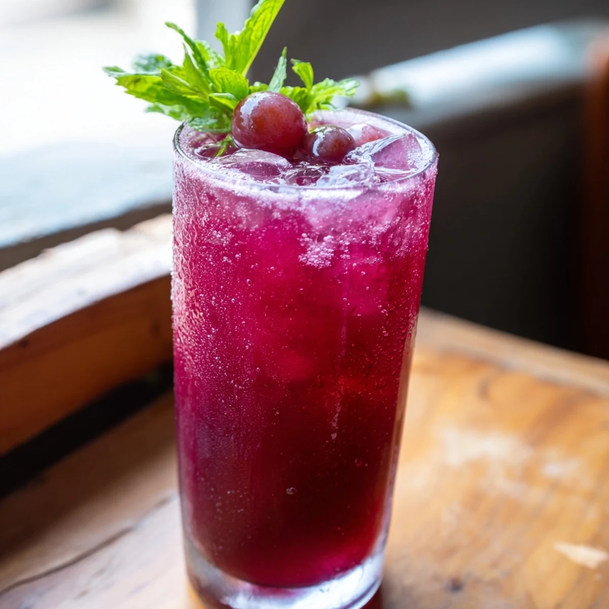 Vibrant purple Grape Agua Fresca poured over ice in a tall refreshing drink