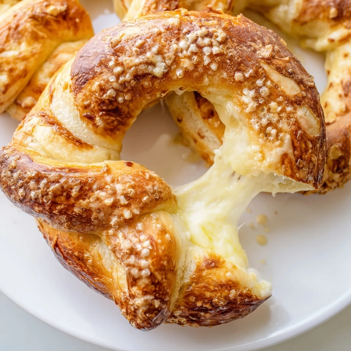 Golden mozzarella stuffed soft pretzels with coarse salt sprinkled on a parchment-lined baking sheet