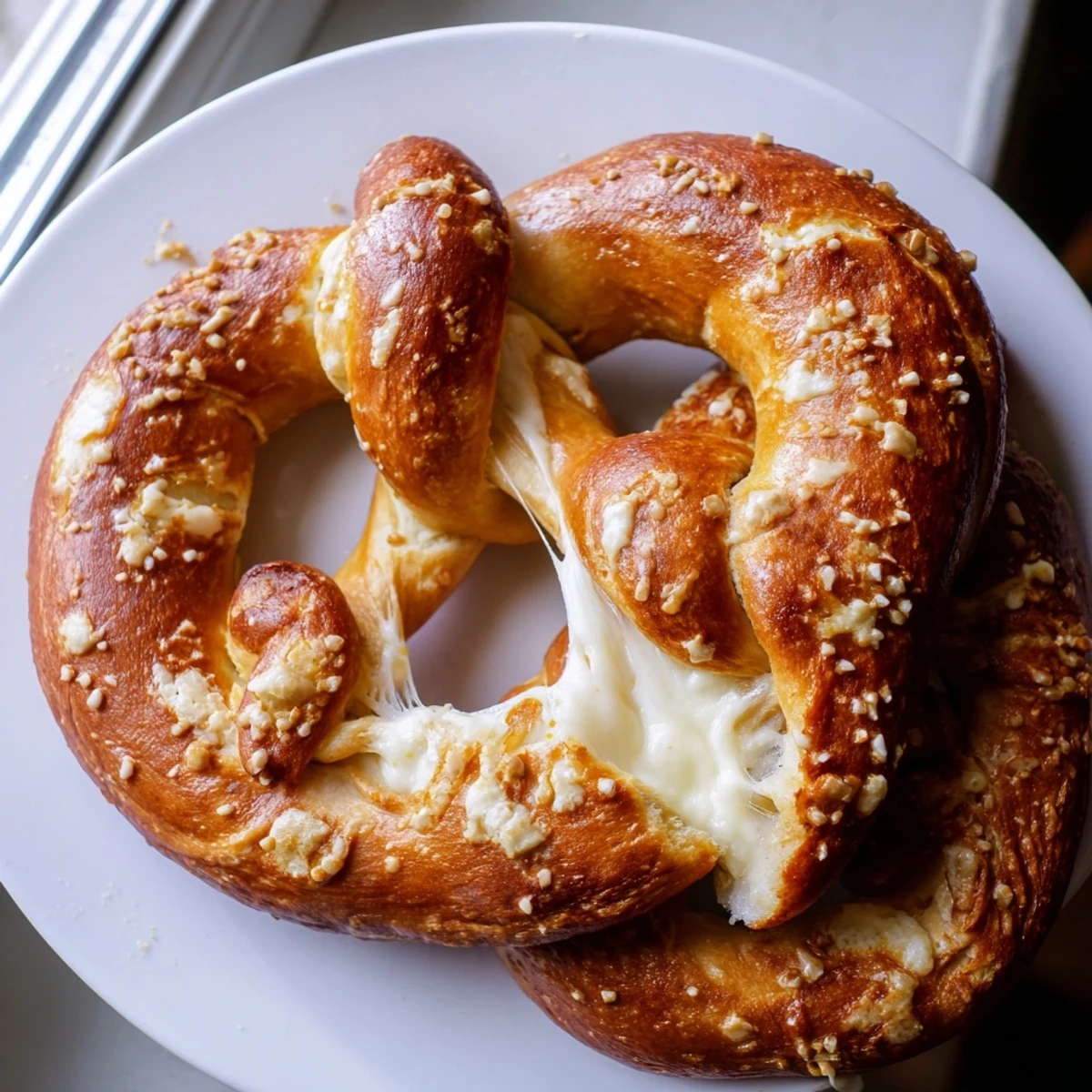 Warm mozzarella stuffed soft pretzels displaying melted cheese centers and glossy browned crusts