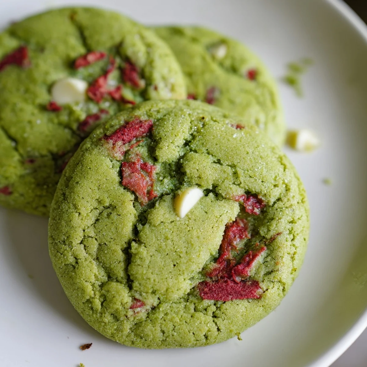 Soft strawberry matcha cookies with vibrant green dough and ruby red fruit pieces