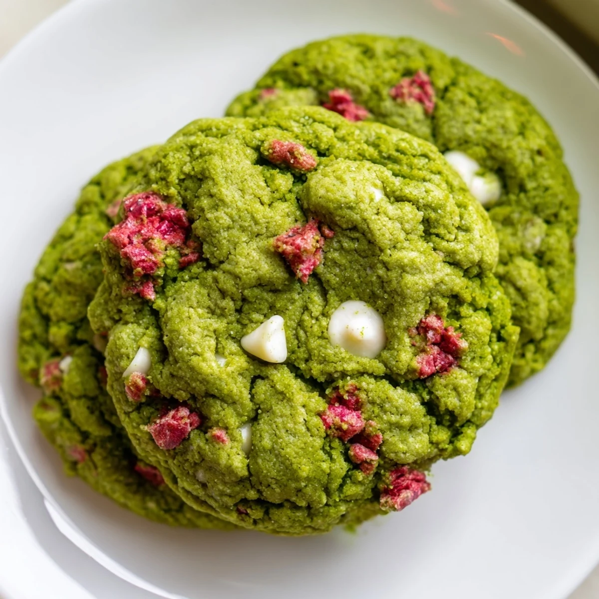 Chewy matcha green tea cookies studded with sweet freeze-dried strawberry chunks