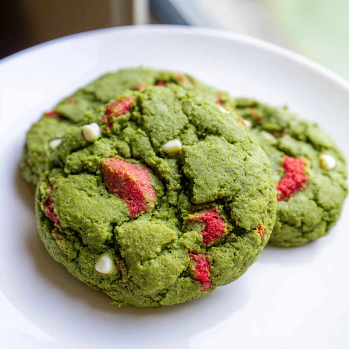 Freshly baked strawberry matcha cookies cooling on a wire rack with crinkled edges