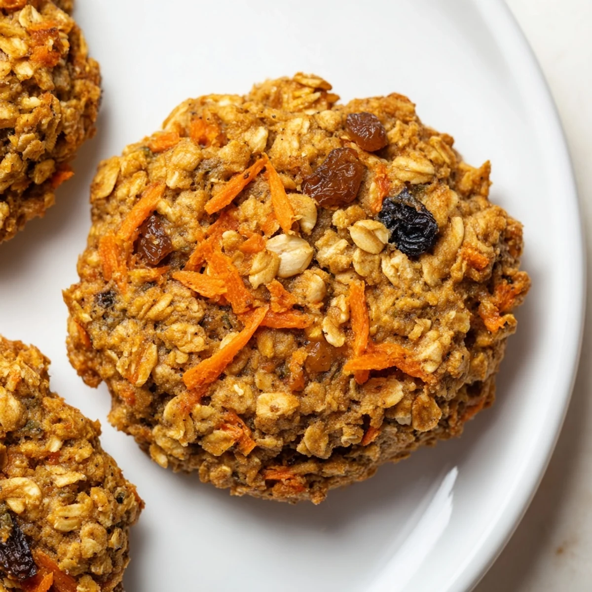 Chewy carrot cake cookies with visible grated carrots and toasted walnuts on rustic parchment