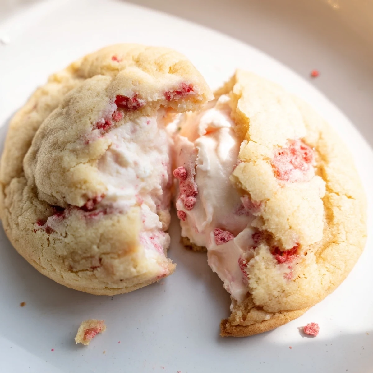Chewy strawberry cheesecake cookies topped with crushed freeze-dried berries for a colorful dessert presentation