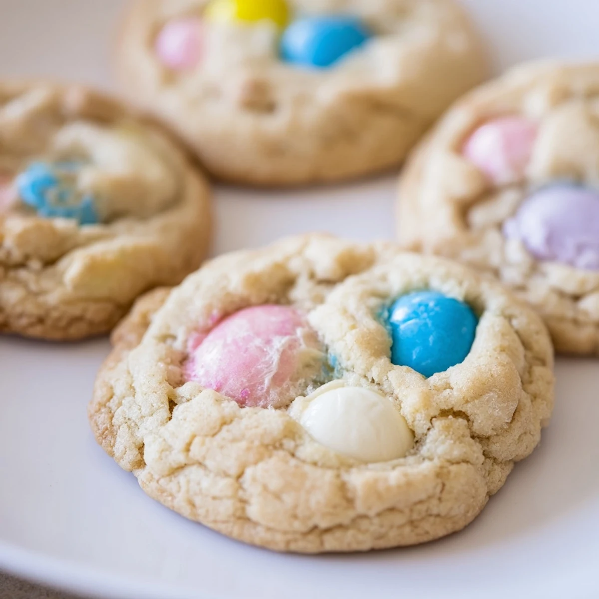 Soft M&M Bunny Cookies topped with colorful pastel candies on a rustic baking sheet