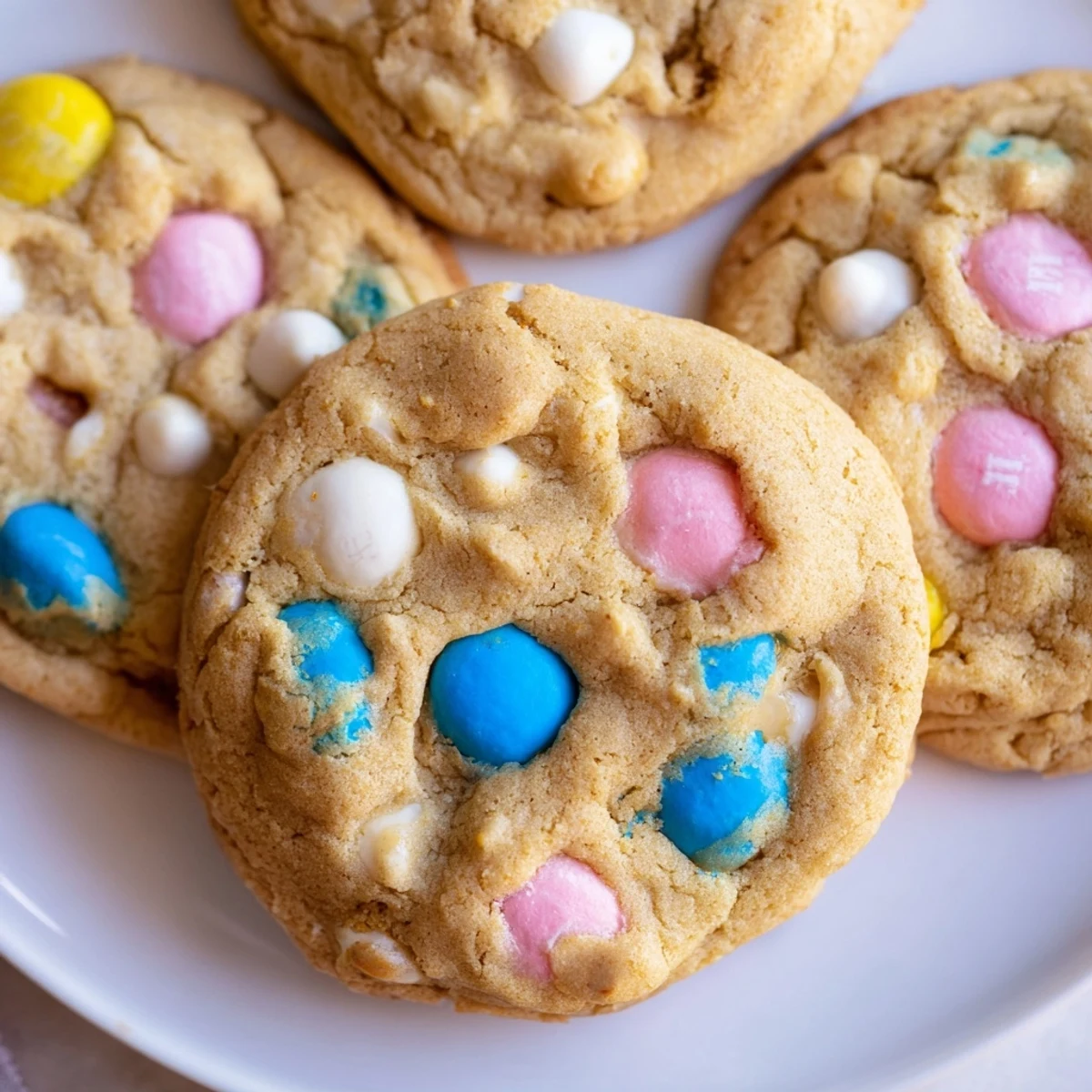 Chewy M&M Bunny Cookies with melted chocolate chips and bright Easter sprinkles