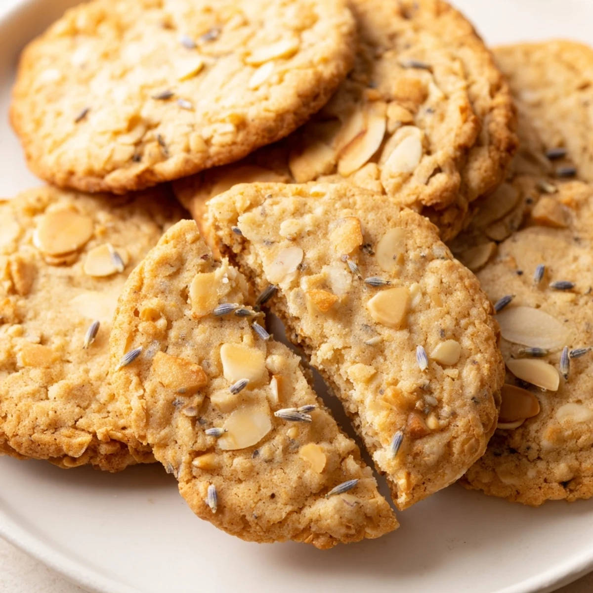 Golden Lavender Honey Crunch Cookies with chopped almonds cooling on a wire rack