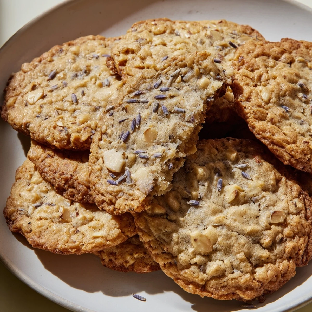 Crisp Lavender Honey Crunch Cookies arranged on a rustic wooden serving board