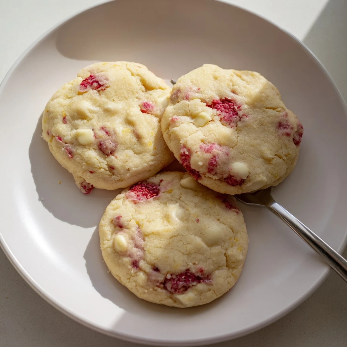 Golden Lemon Raspberry Cookies with juicy berry bits scattered on a rustic white baking sheet