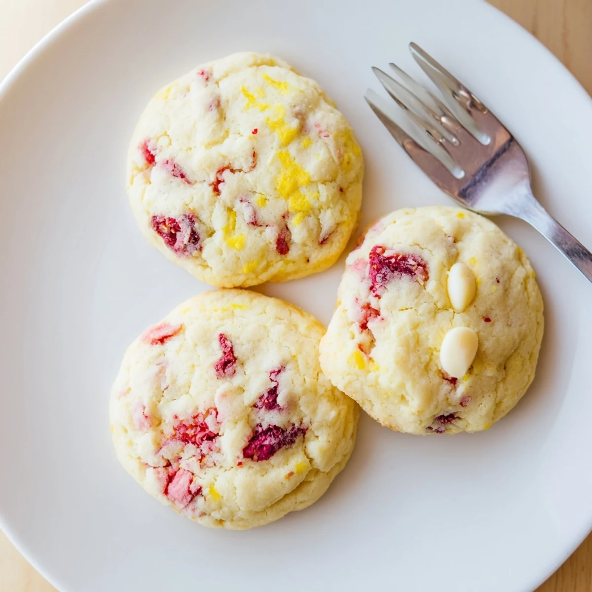 Soft chewy Lemon Raspberry Cookies fresh from the oven with lightly golden crispy edges