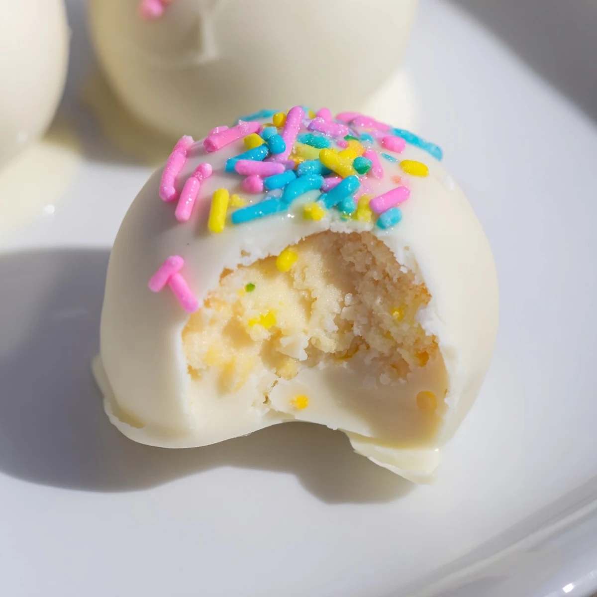 Creamy Banana Pudding Easter Truffles coated in white chocolate with colorful sprinkles
