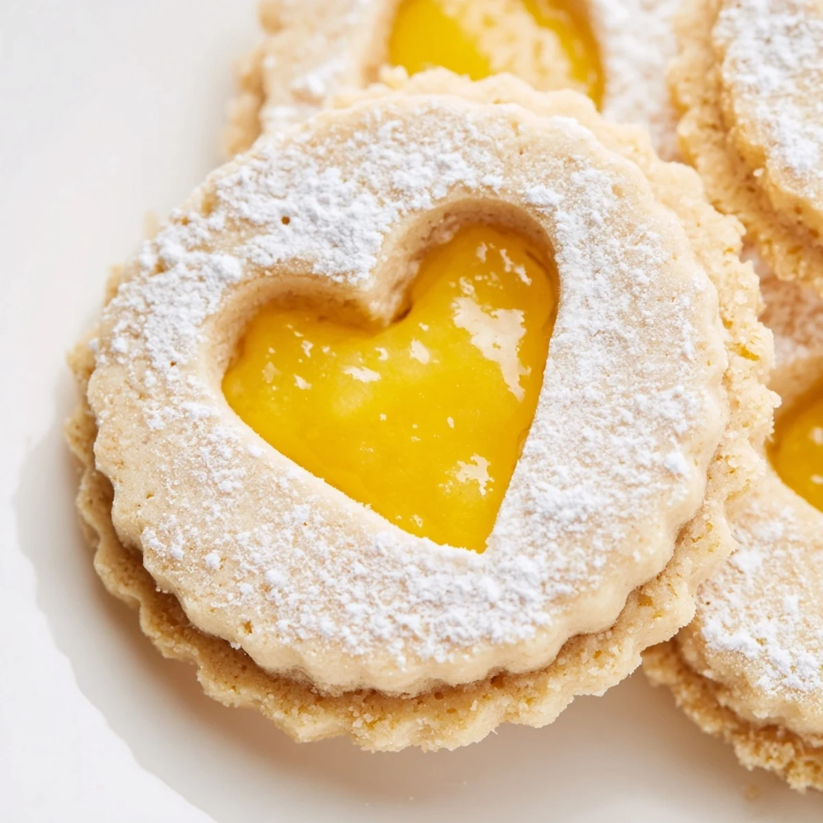 Meyer Lemon Curd Linzer Cookies with powdered sugar dusting reveal bright citrus filling through decorative cutout windows