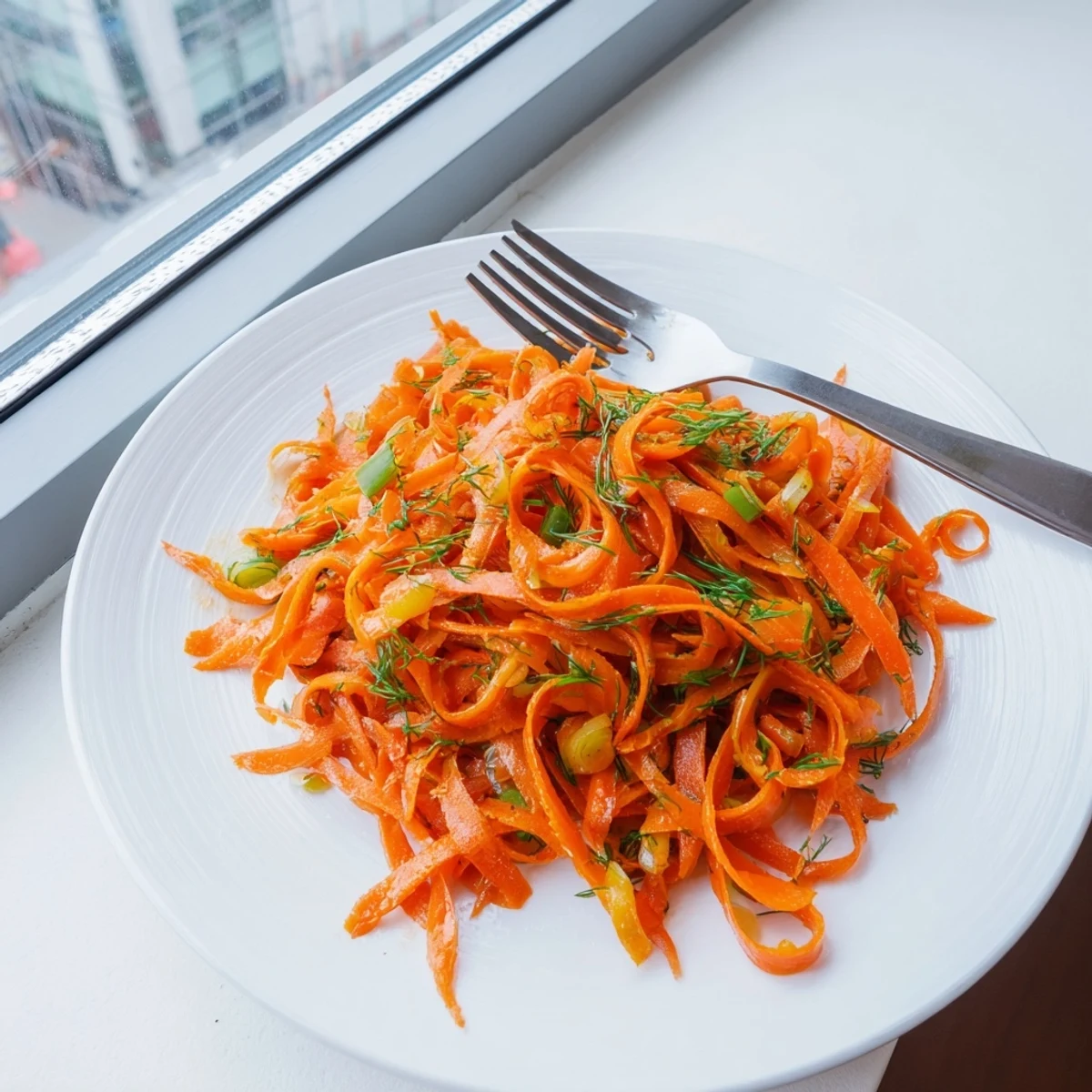 Crisp marinated carrot salad glistening with lemon dill dressing in a serving bowl