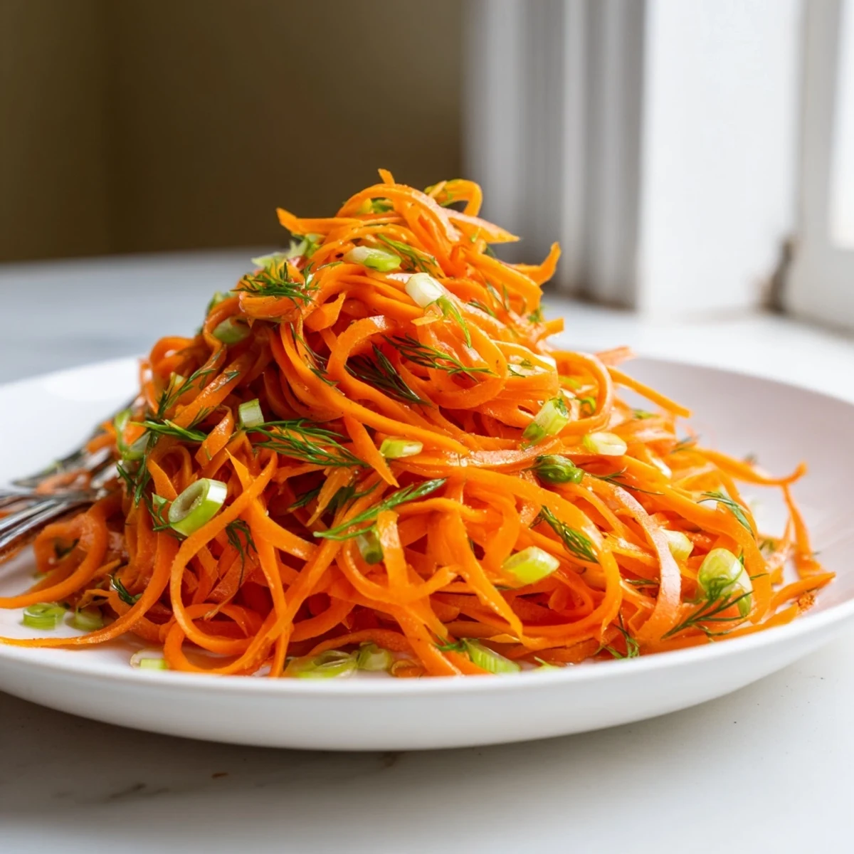 Bright lemon dill carrot salad with julienned vegetables tossed in zesty vinaigrette
