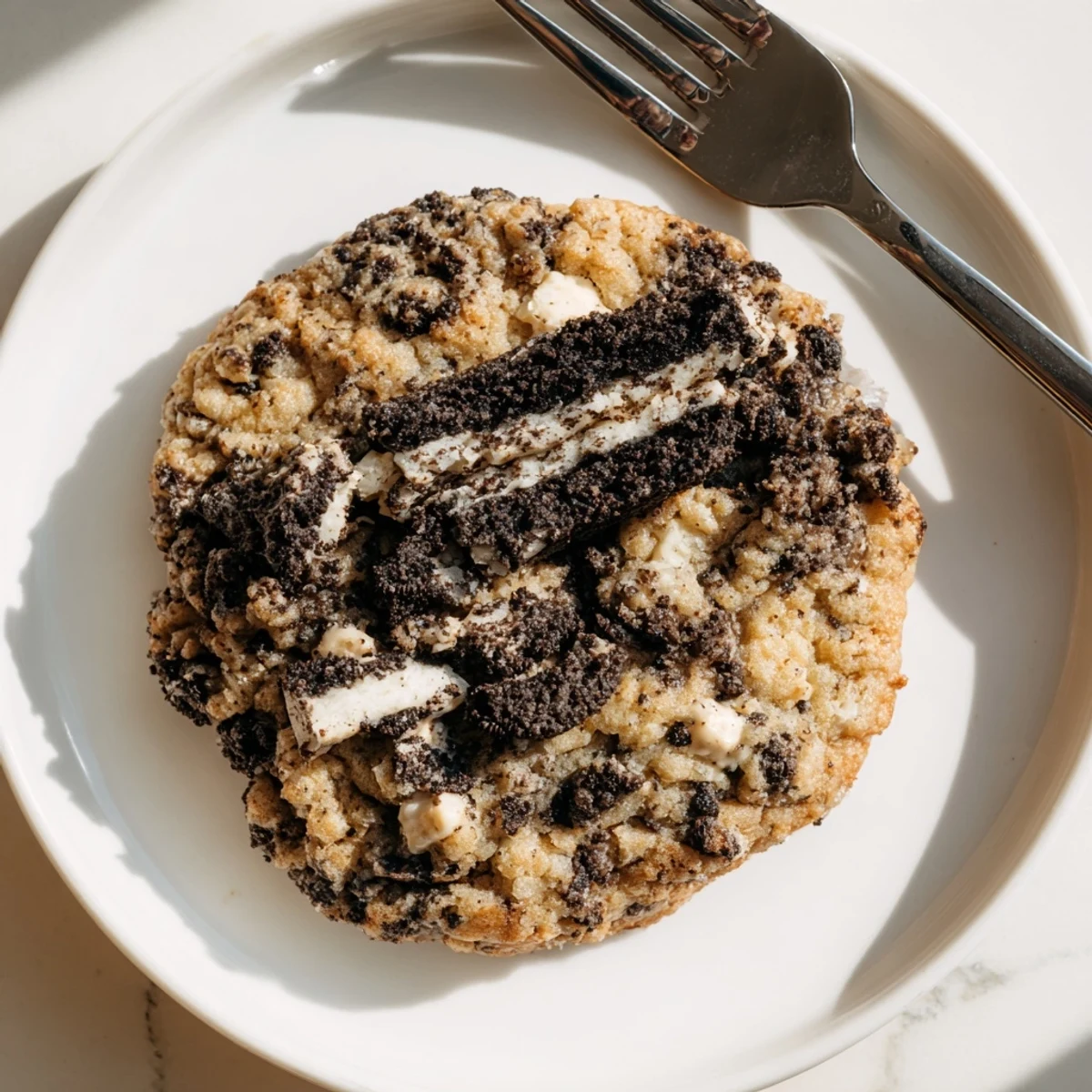 Soft chewy cookies and cream cookie with white chocolate chips on rustic baking sheet