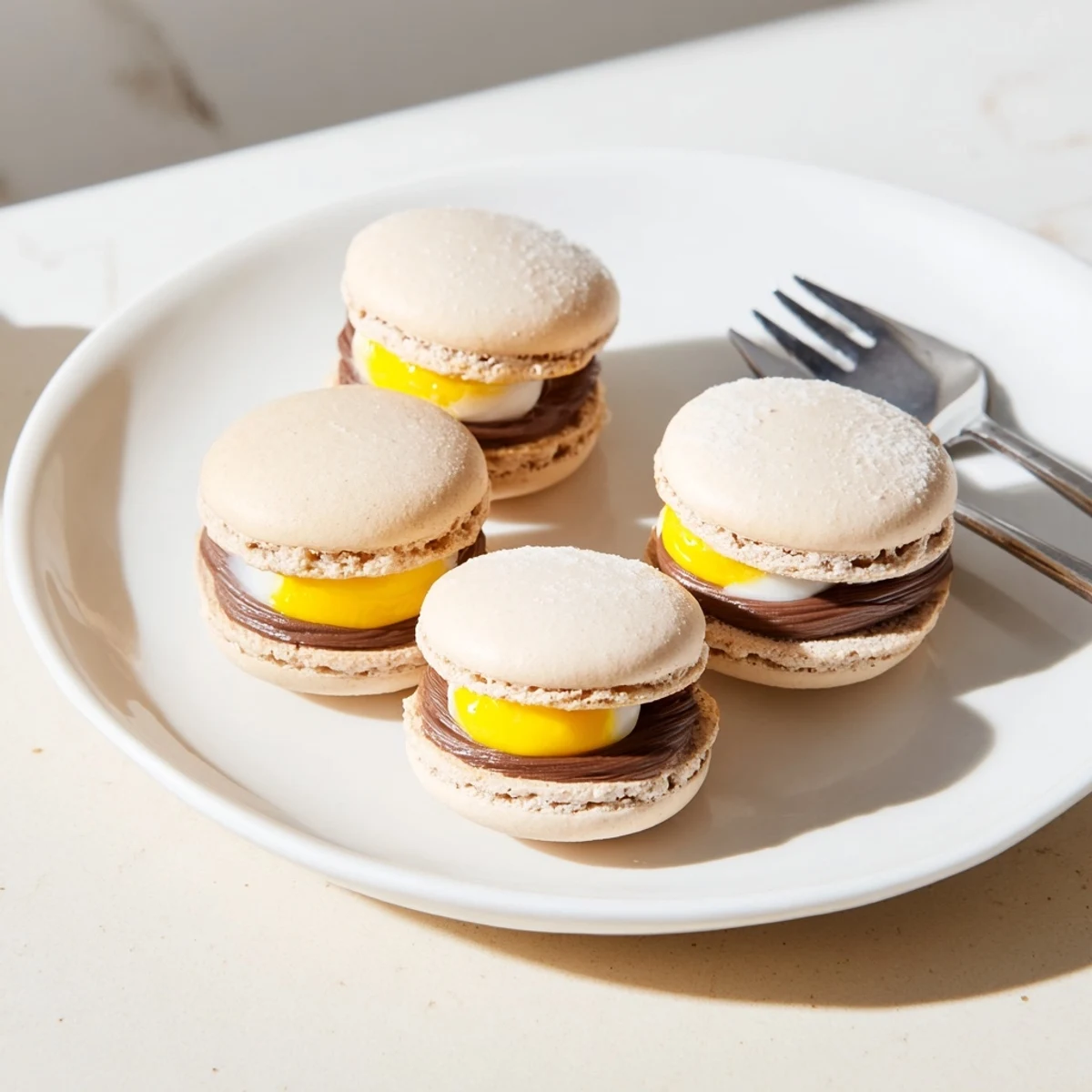 Cadbury Egg Macarons with smooth chocolate filling and yellow yolk center on rustic surface