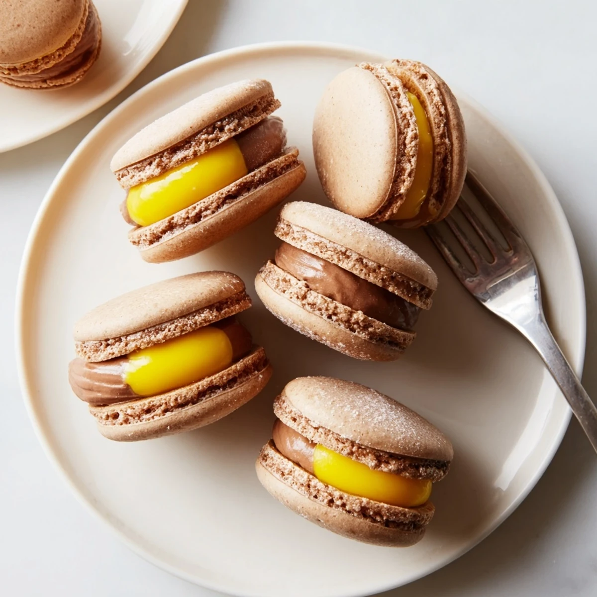 Delicate pastel Cadbury Egg Macarons arranged on serving plate for spring Easter dessert
