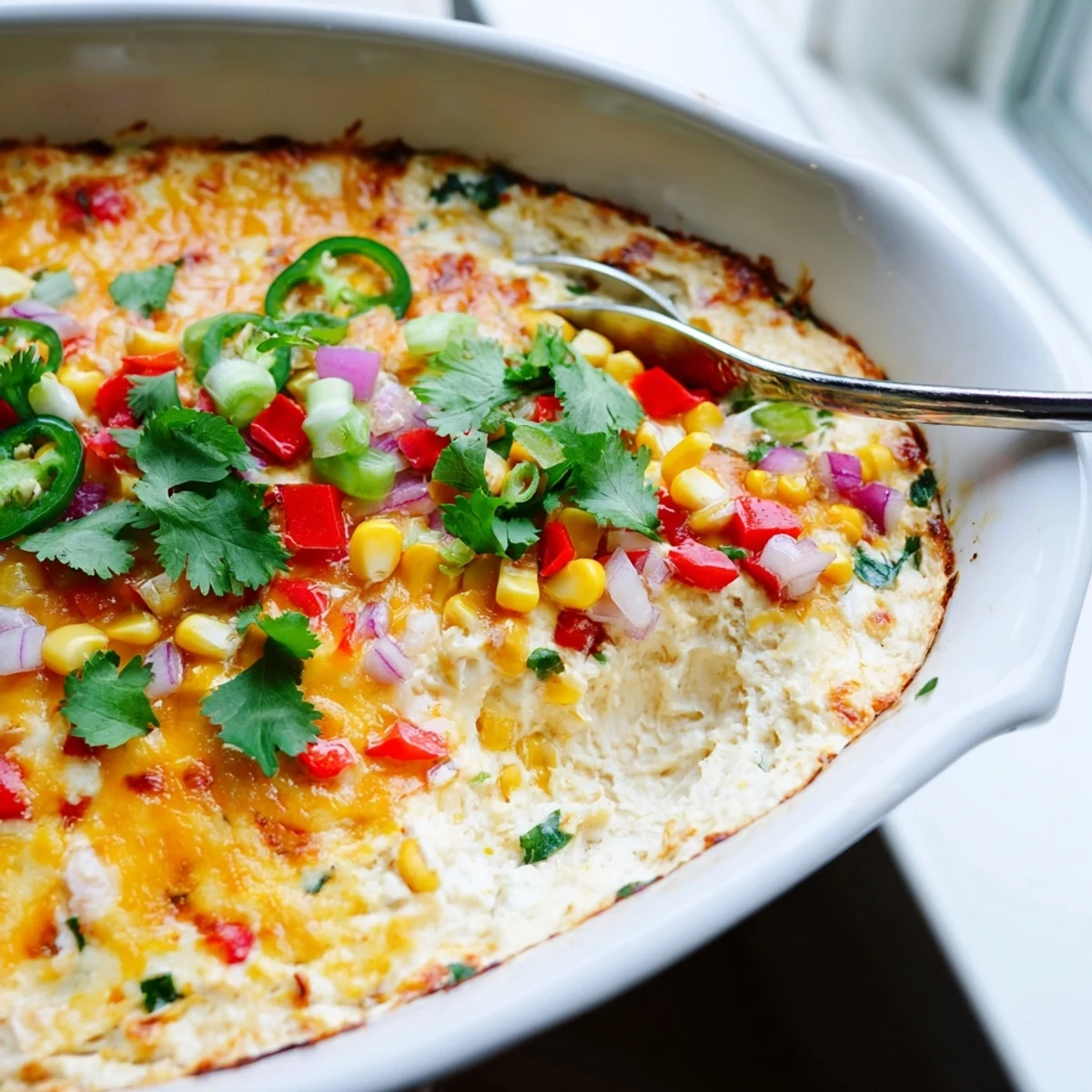 Creamy Spicy Roasted Jalapeno Cowboy Cream Cheese Dip bubbling with melted cheddar and Monterey Jack cheeses