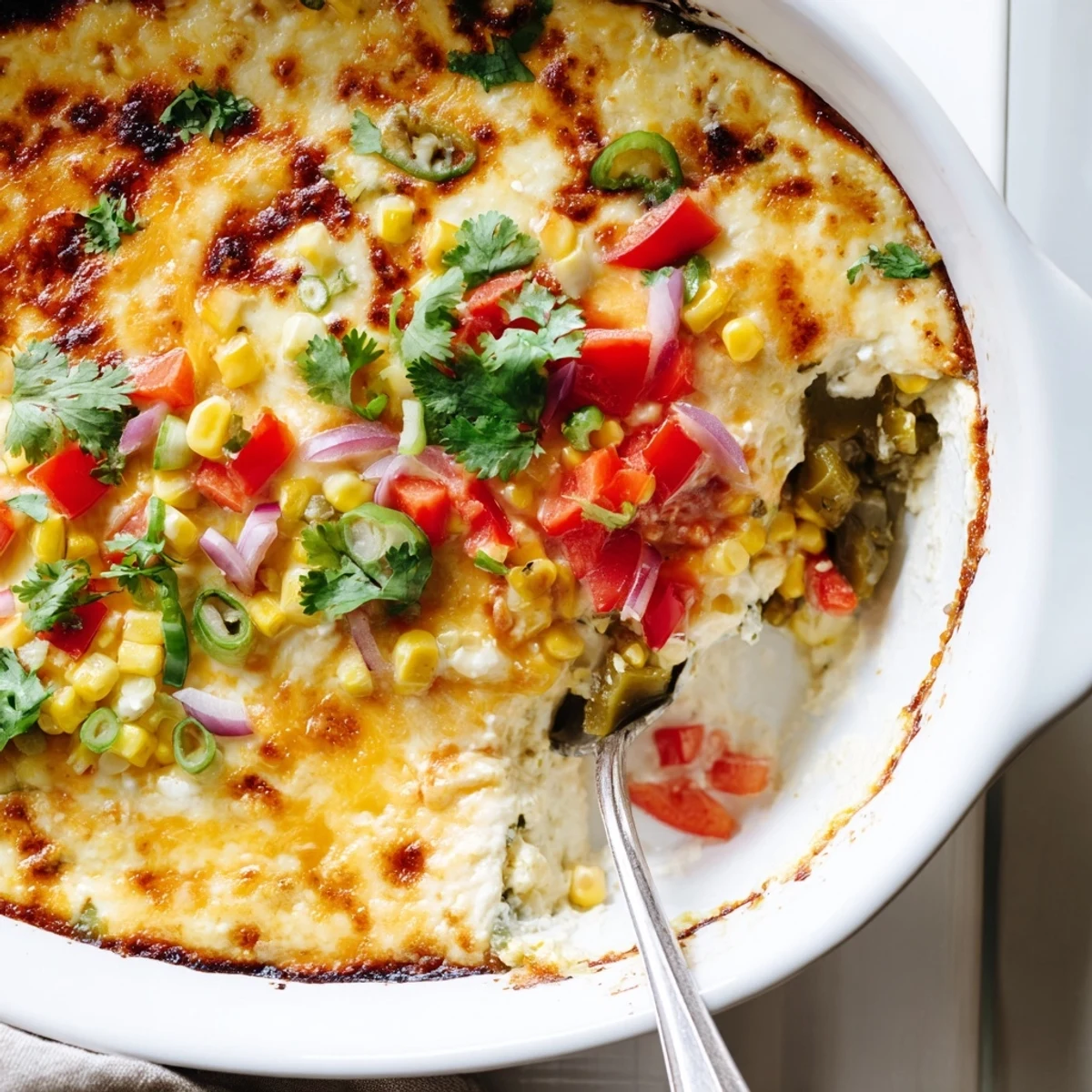 Golden baked Spicy Roasted Jalapeno Cowboy Cream Cheese Dip topped with fresh cilantro and jalapeno slices