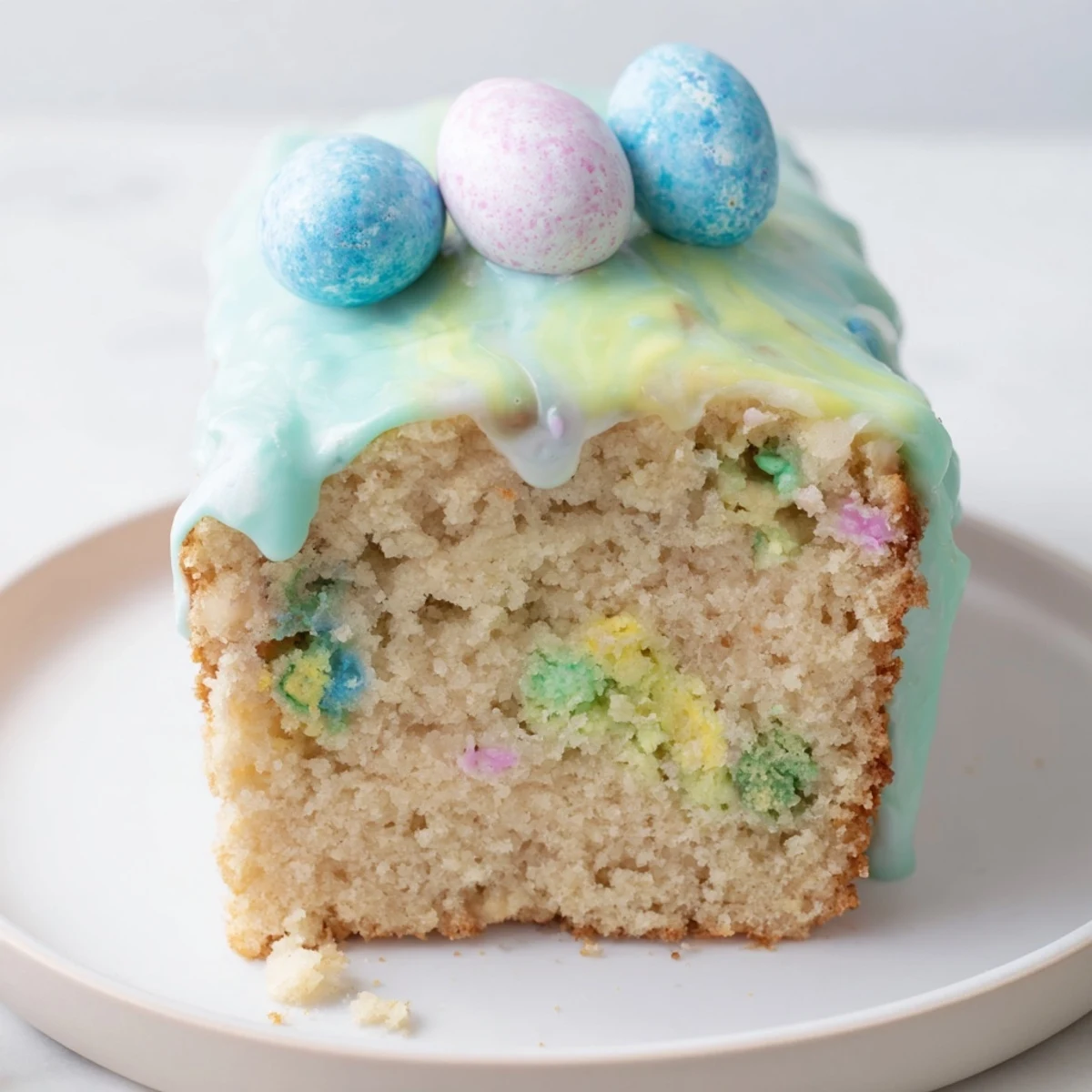 Robin Egg Snack Cake topped with pastel candy eggs and drizzled sweet glaze