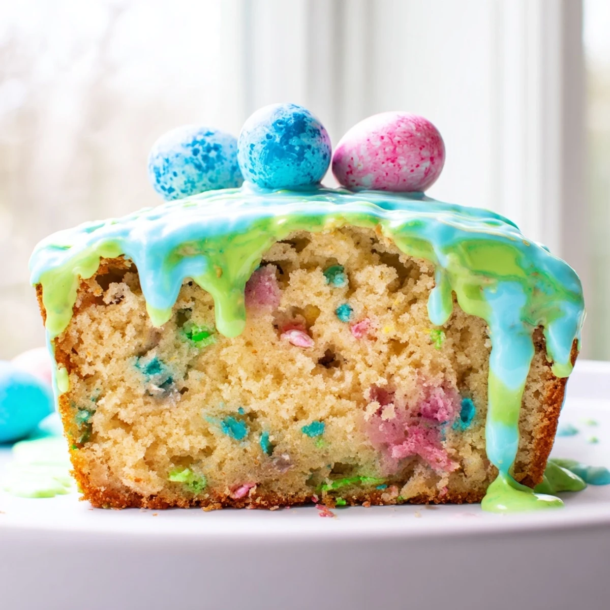 Tender Robin Egg Snack Cake slice revealing colorful candy-coated chocolate pieces inside