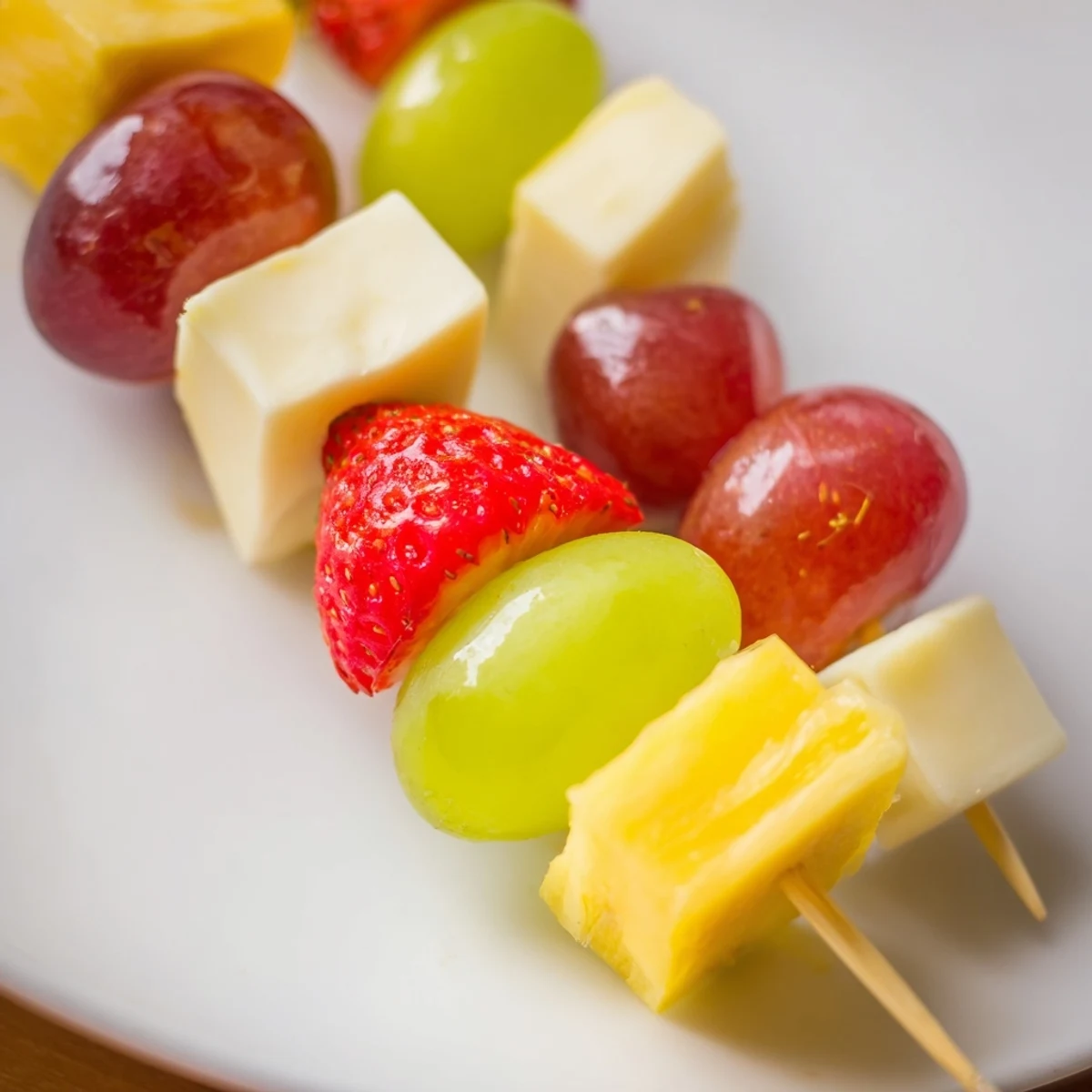 Colorful fruit and cheese kabobs arranged on a platter with red grapes, pineapple, and cheddar cubes