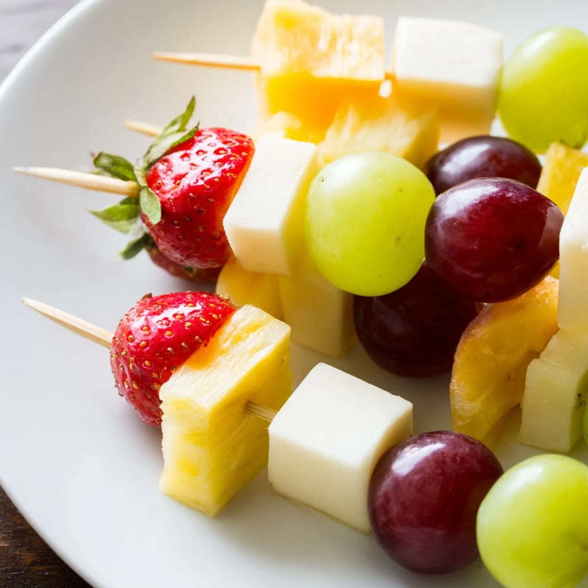 Fresh fruit and cheese kabobs featuring strawberries, grapes, and creamy Monterey Jack on wooden skewers