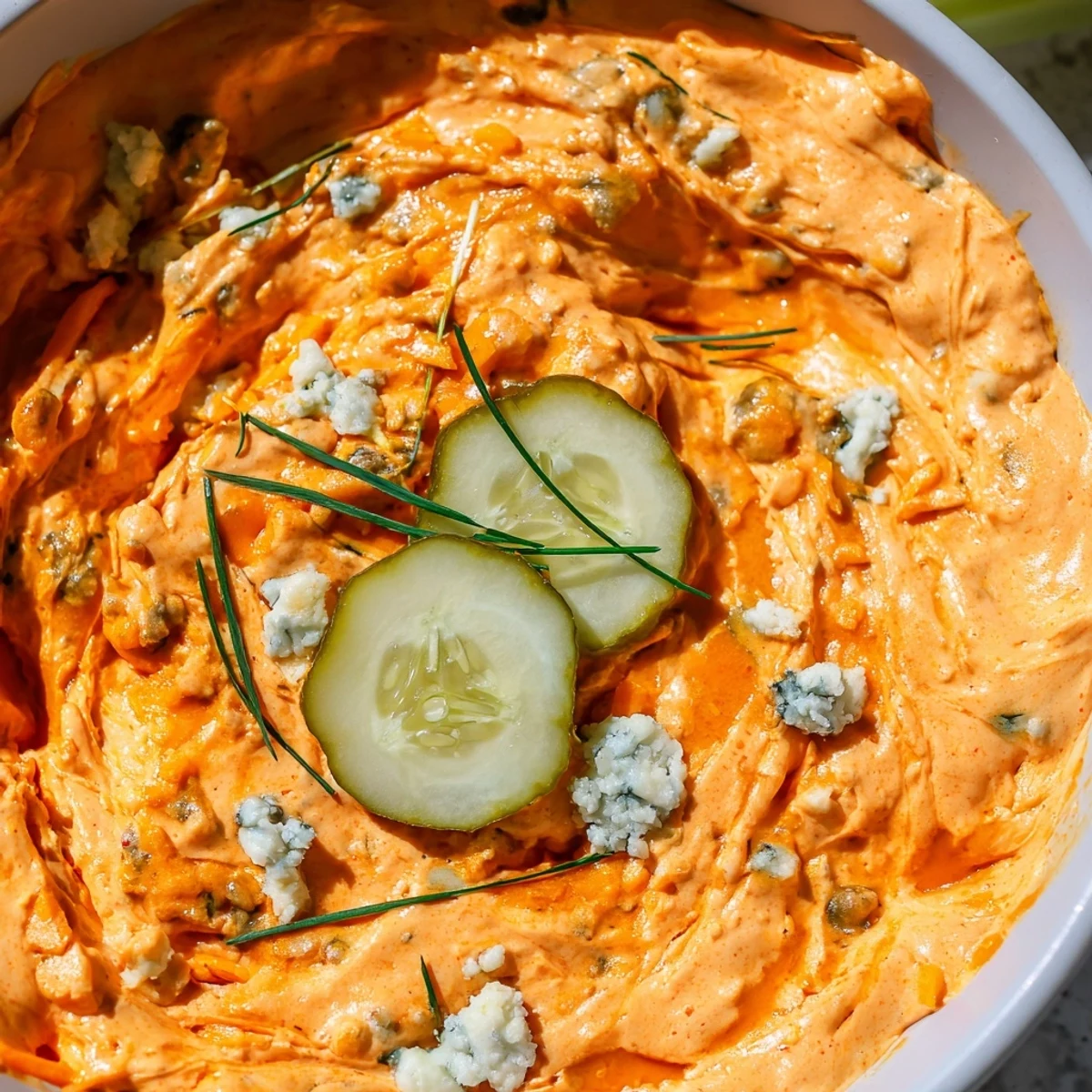 Creamy buffalo pickle dip in a serving bowl surrounded by crunchy chips and fresh veggie sticks