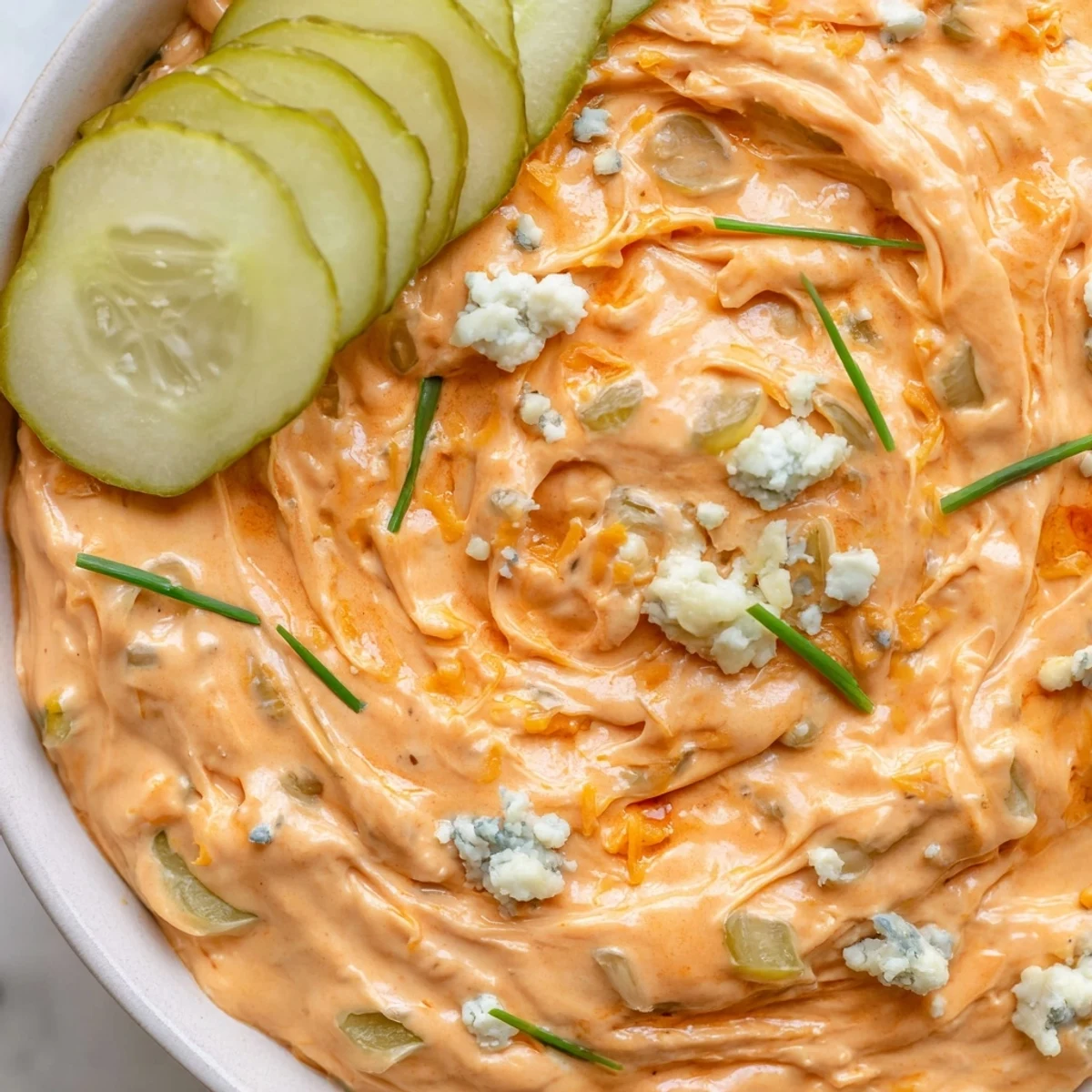 Tangy buffalo pickle dip topped with cheddar cheese and chives ready for game day snacking