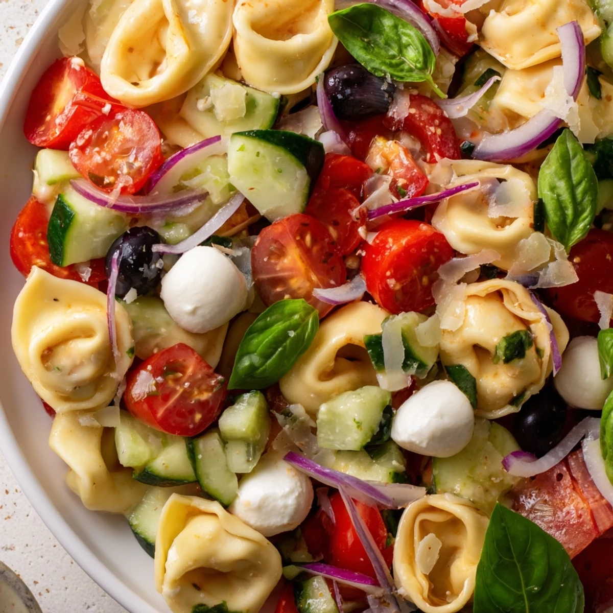 Colorful tortellini salad in a bowl with cherry tomatoes, cucumber, and zesty Italian dressing