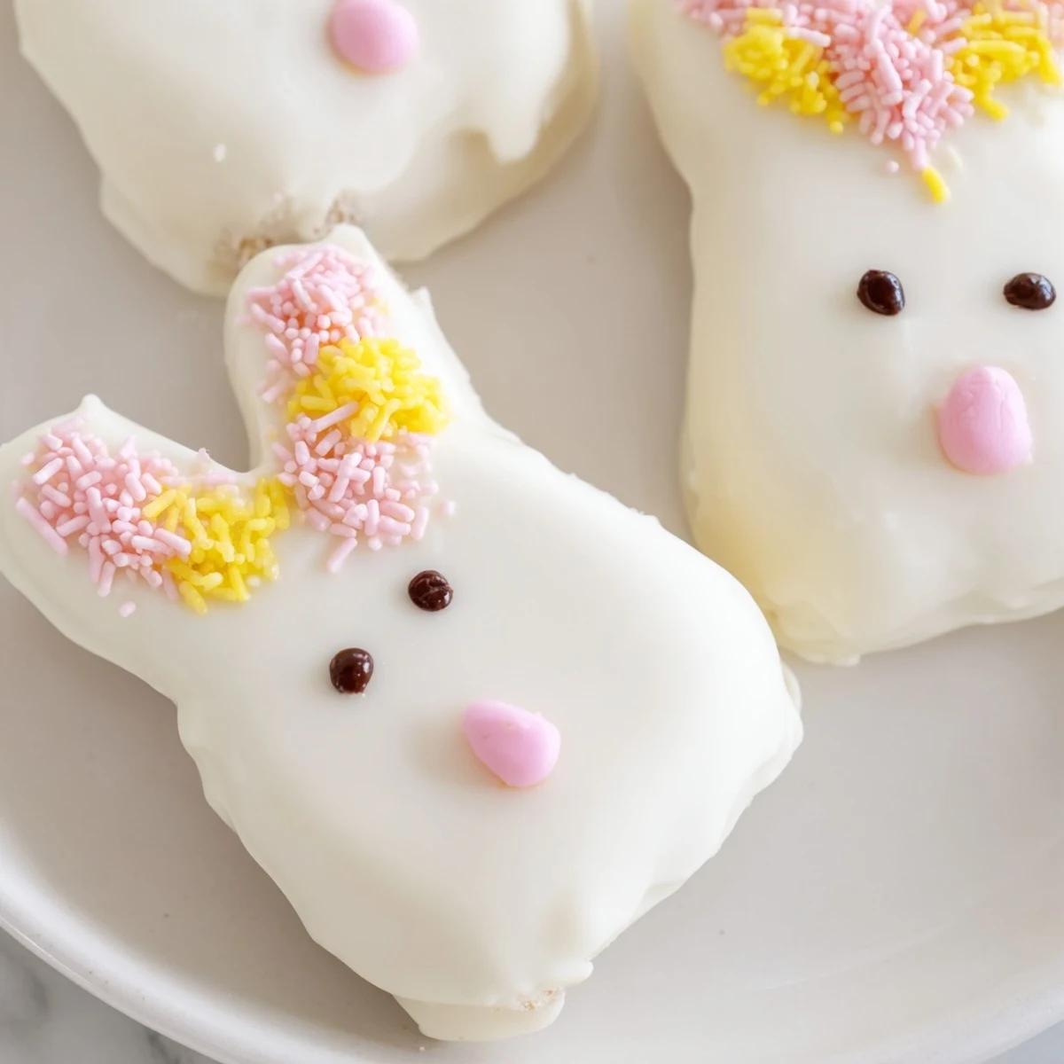 Adorable white chocolate bunny cakesicles with candy eyes and pink ears on sticks