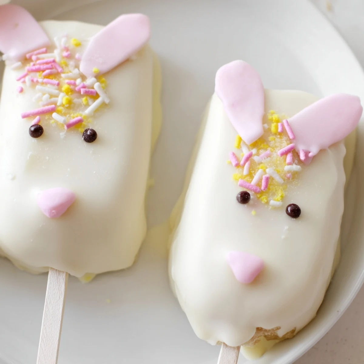 Creamy white chocolate bunny cakesicles decorated with sprinkles for festive Easter celebrations