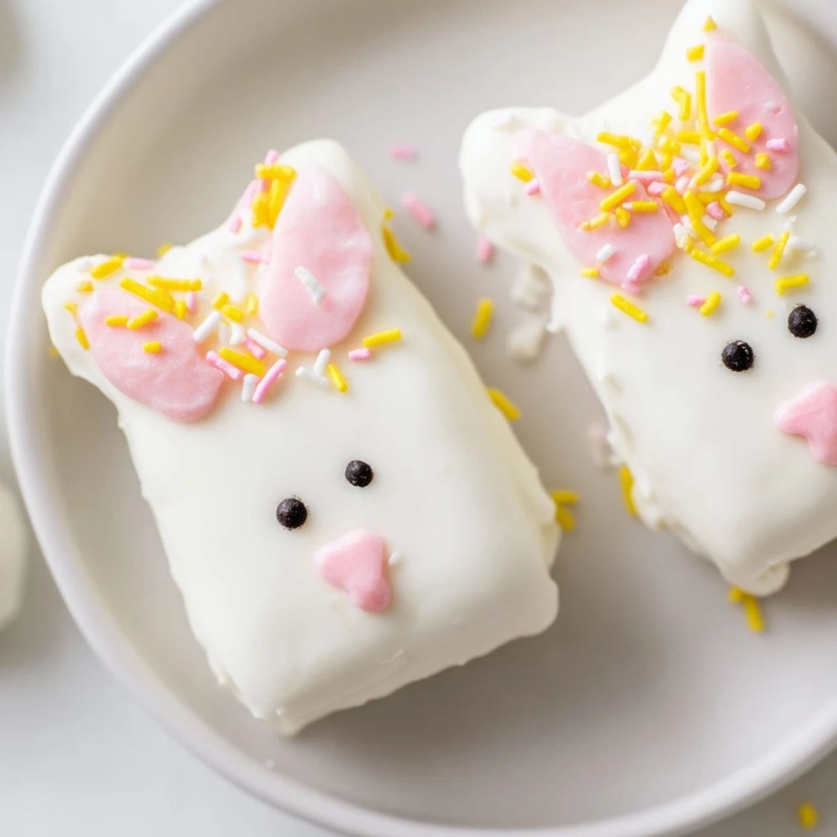 Smooth white chocolate bunny cakesicles featuring fondant ears and cheerful candy faces displayed together