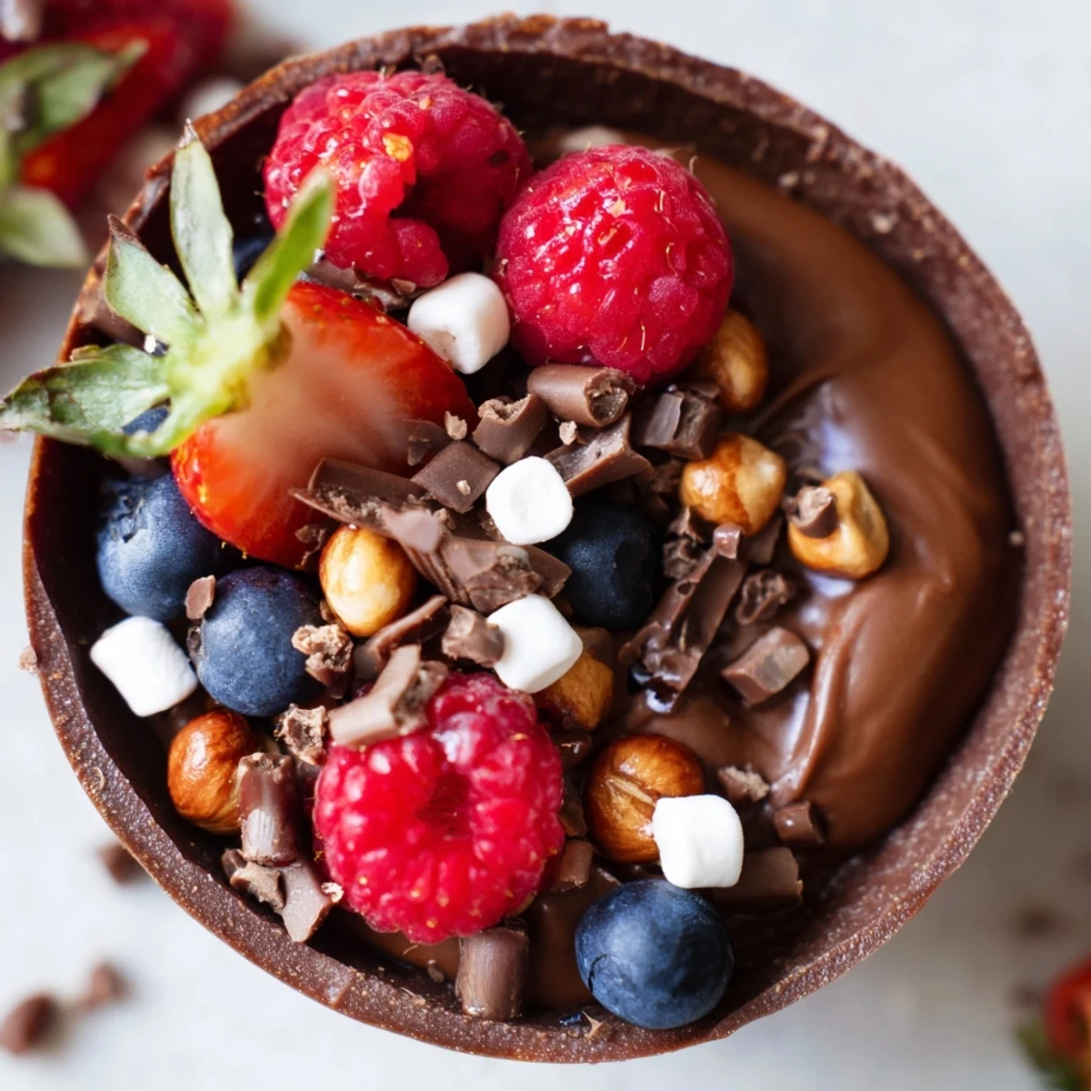 Elegant chocolate grazing cups filled with fluffy mousse and topped with vibrant fresh berries and nuts