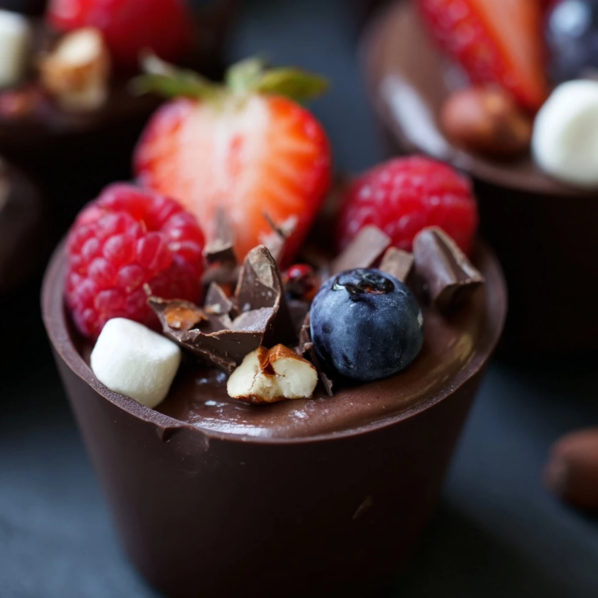 Decadent chocolate grazing cups showcasing silky mousse, glossy berries, and crunchy garnishes in edible shells