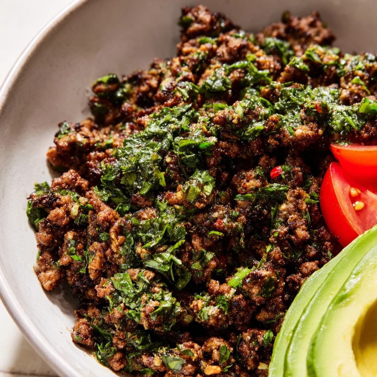 Chimichurri ground beef bowls topped with vibrant green sauce fresh vegetables and fluffy white rice