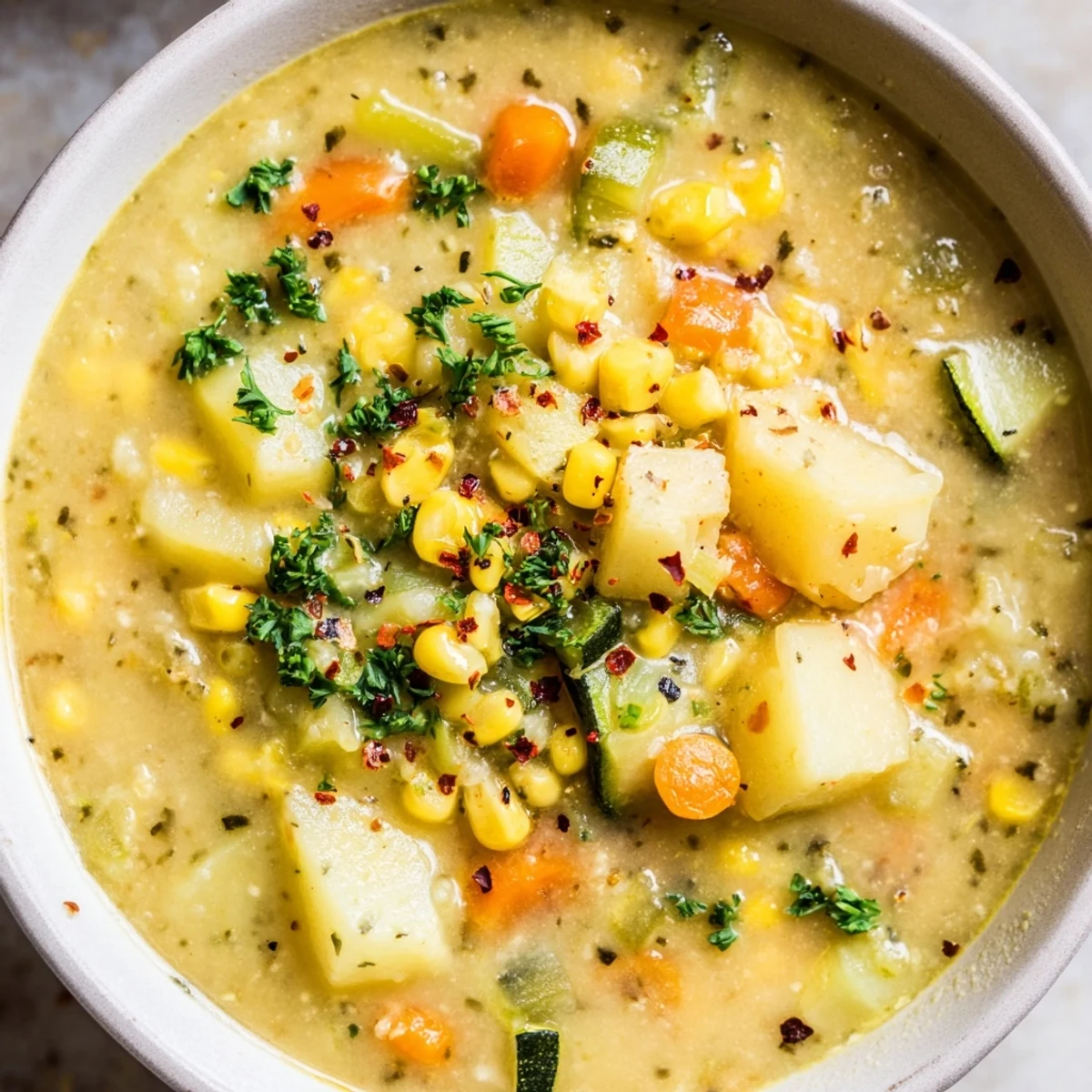 Creamy potato corn zucchini soup in a rustic bowl garnished with fresh parsley