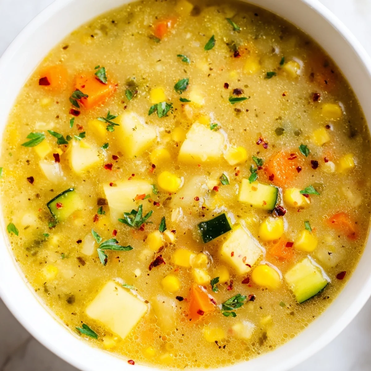 Steaming bowl of potato corn zucchini soup brimming with tender chunky vegetables