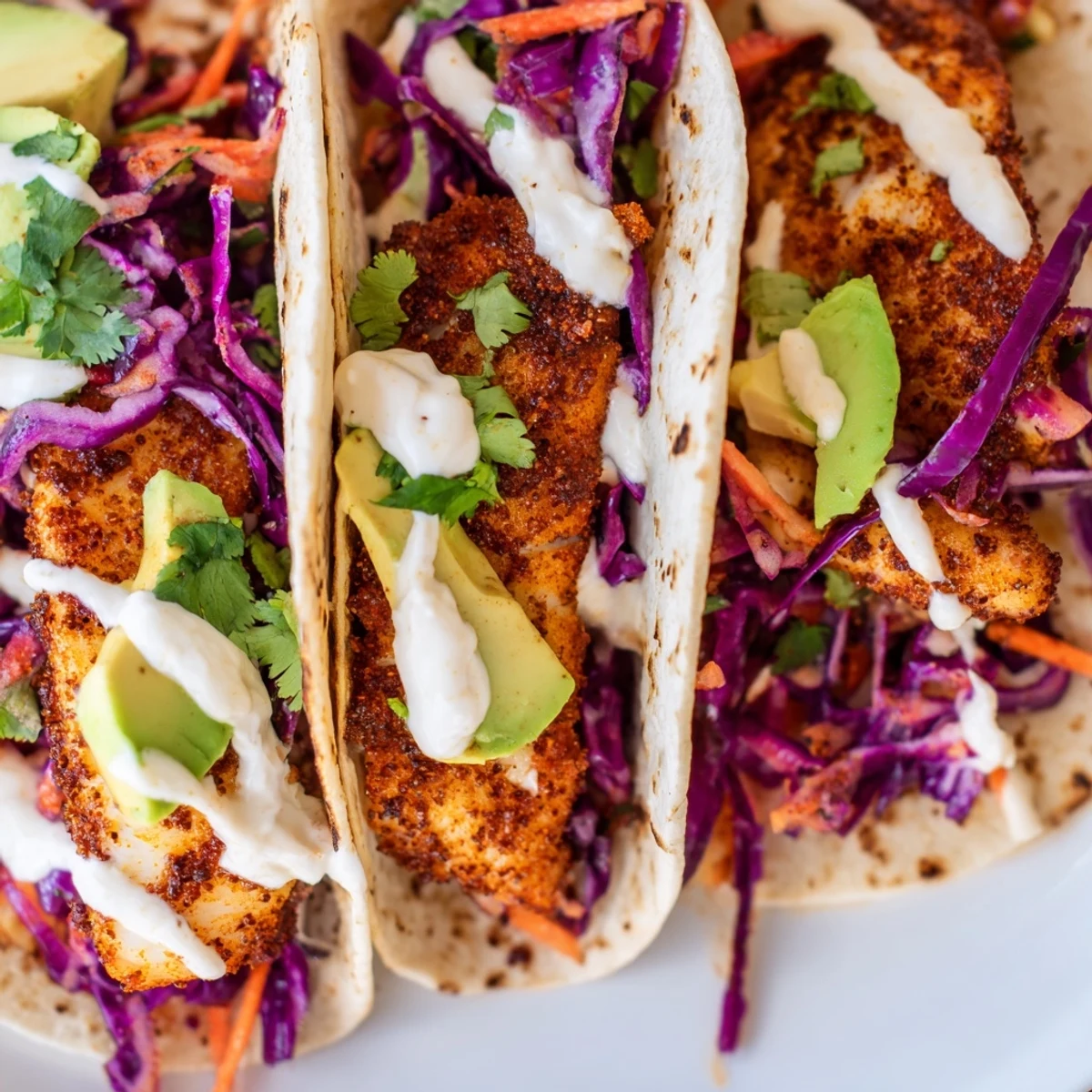 Crispy spiced tilapia fish tacos topped with vibrant cabbage slaw and creamy lime crema on warm tortillas
