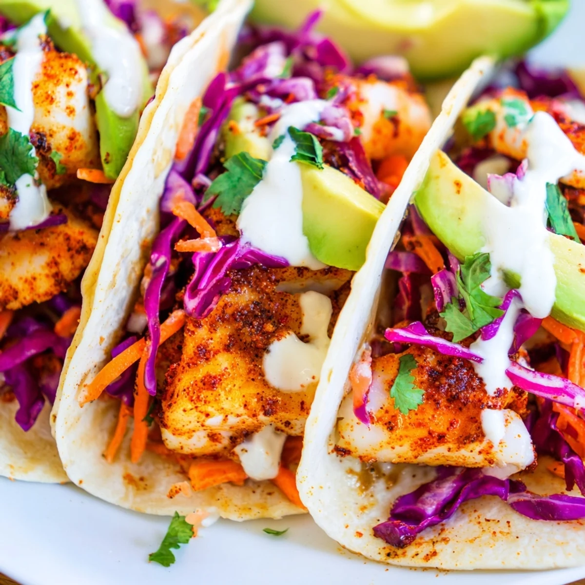 Golden tilapia fish tacos nestled in soft corn tortillas with fresh avocado slices and zesty sauce