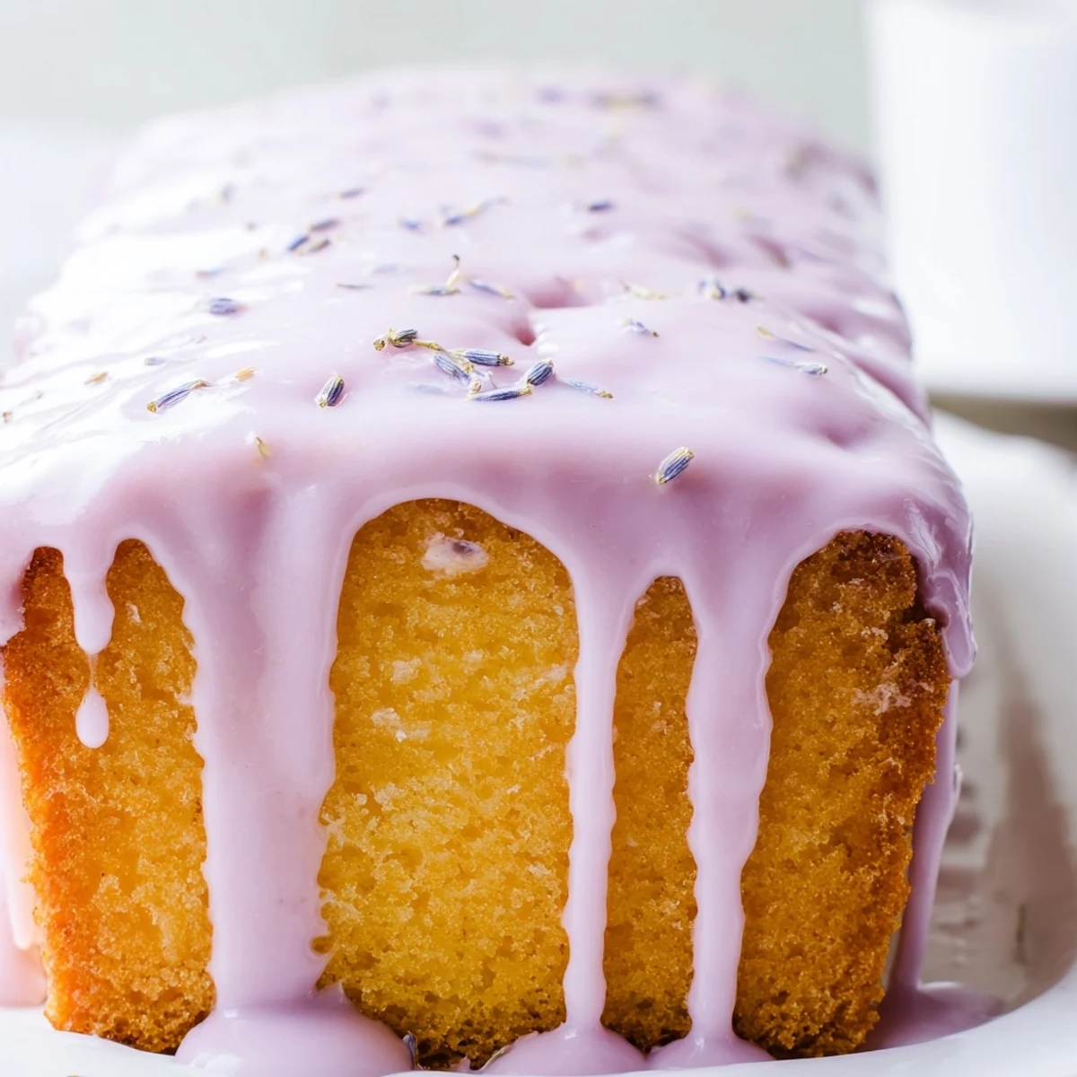 Creamy lavender glaze cascades down a golden pound cake slice on white plate