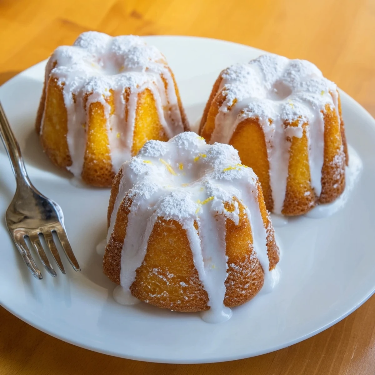 Golden mini lemon cakes drizzled with tangy glaze on a white serving plate