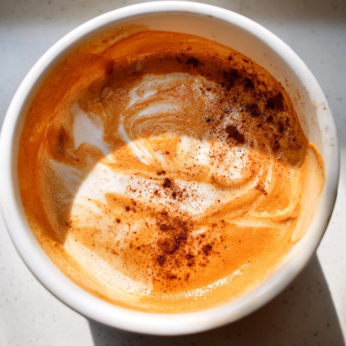 Golden Korean sweet potato latte poured into a mug on a cozy autumn morning