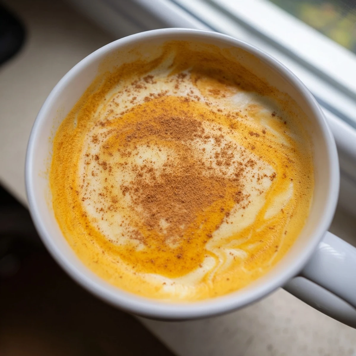 Thick velvety Goguma Latte swirled in a tall glass with steamed milk foam