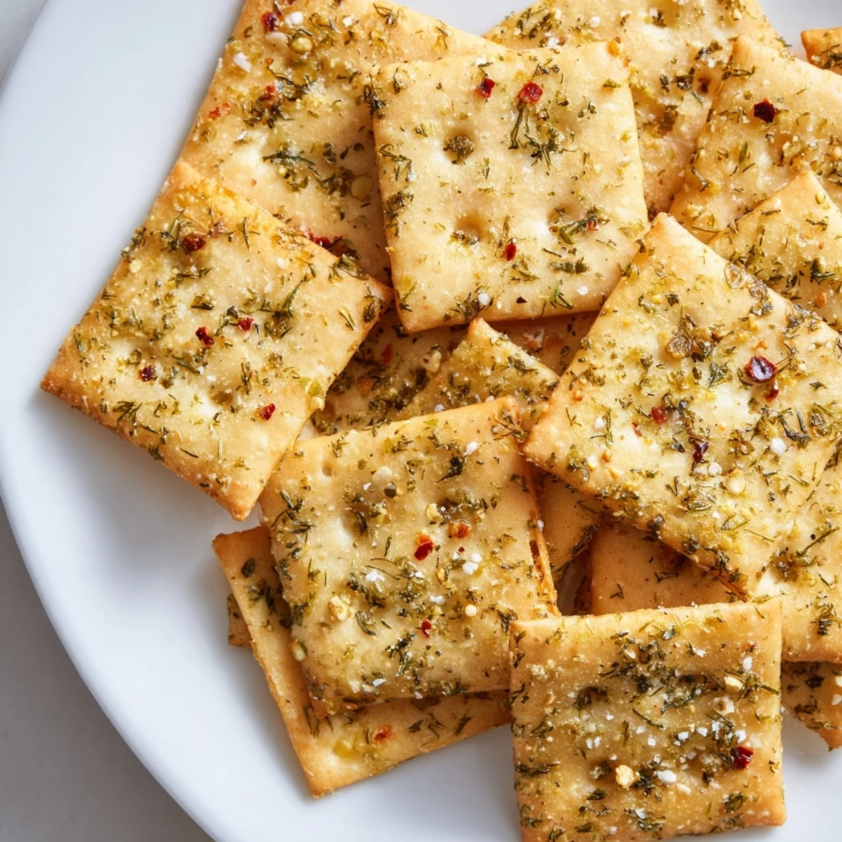 Golden dill pickle saltines arranged on parchment, brushed with herbed butter and ready for baking.