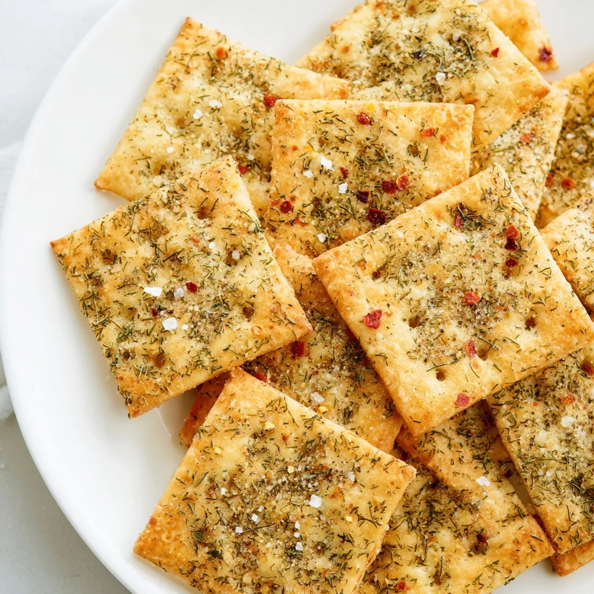 Crispy dill pickle saltines seasoned with garlic and fresh herbs, stacked in a tempting snack pile.