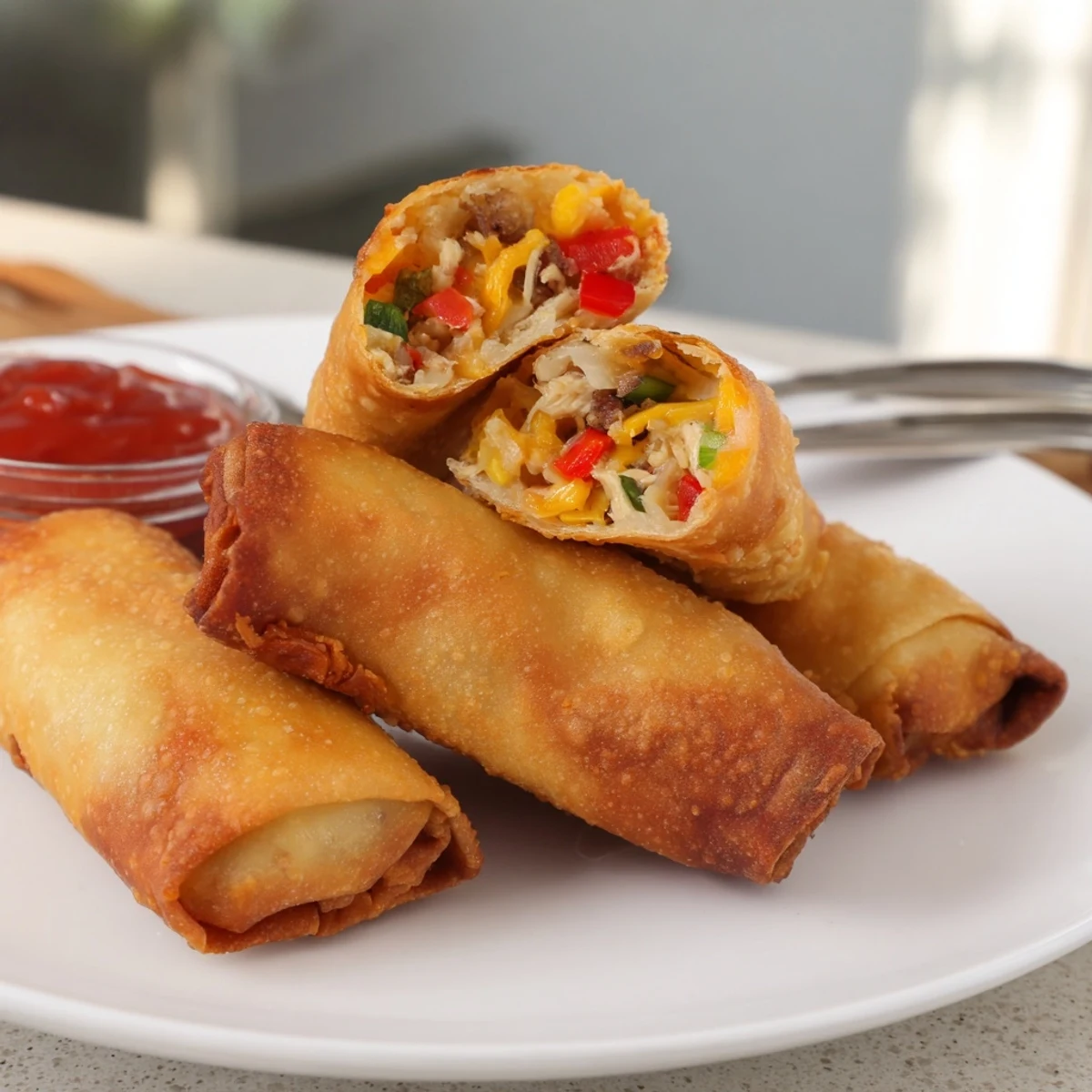 Crispy fried Voodoo Egg Rolls filled with smoky andouille sausage and melted cheddar