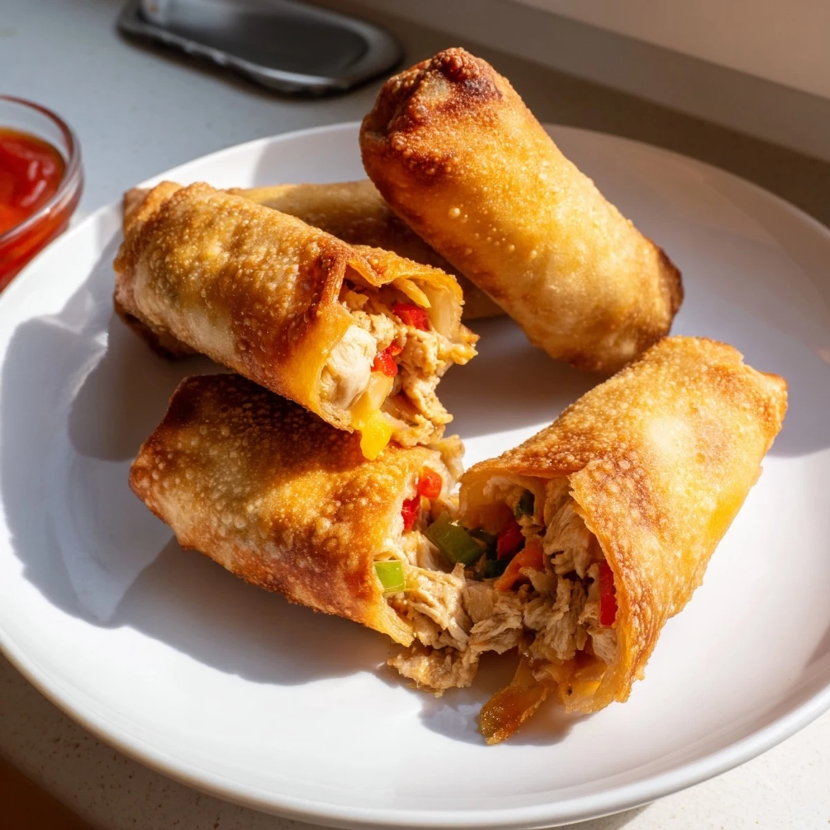 Golden crispy Voodoo Egg Rolls served hot with spicy remoulade dipping sauce