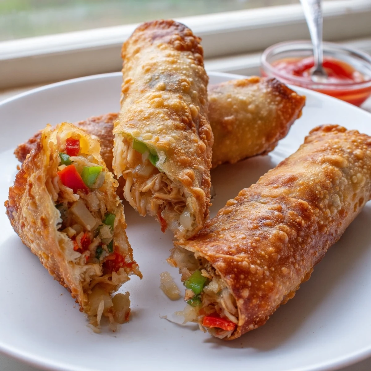 Voodoo Egg Rolls arranged on a platter alongside Creole mustard for dipping