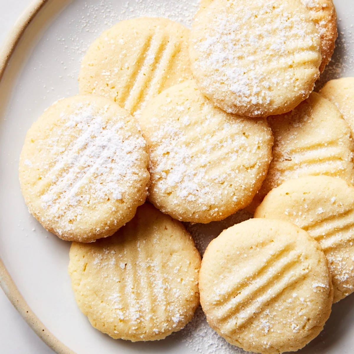 Golden Grandma's Secret Butter Cookies dusted with powdered sugar on a rustic wooden board